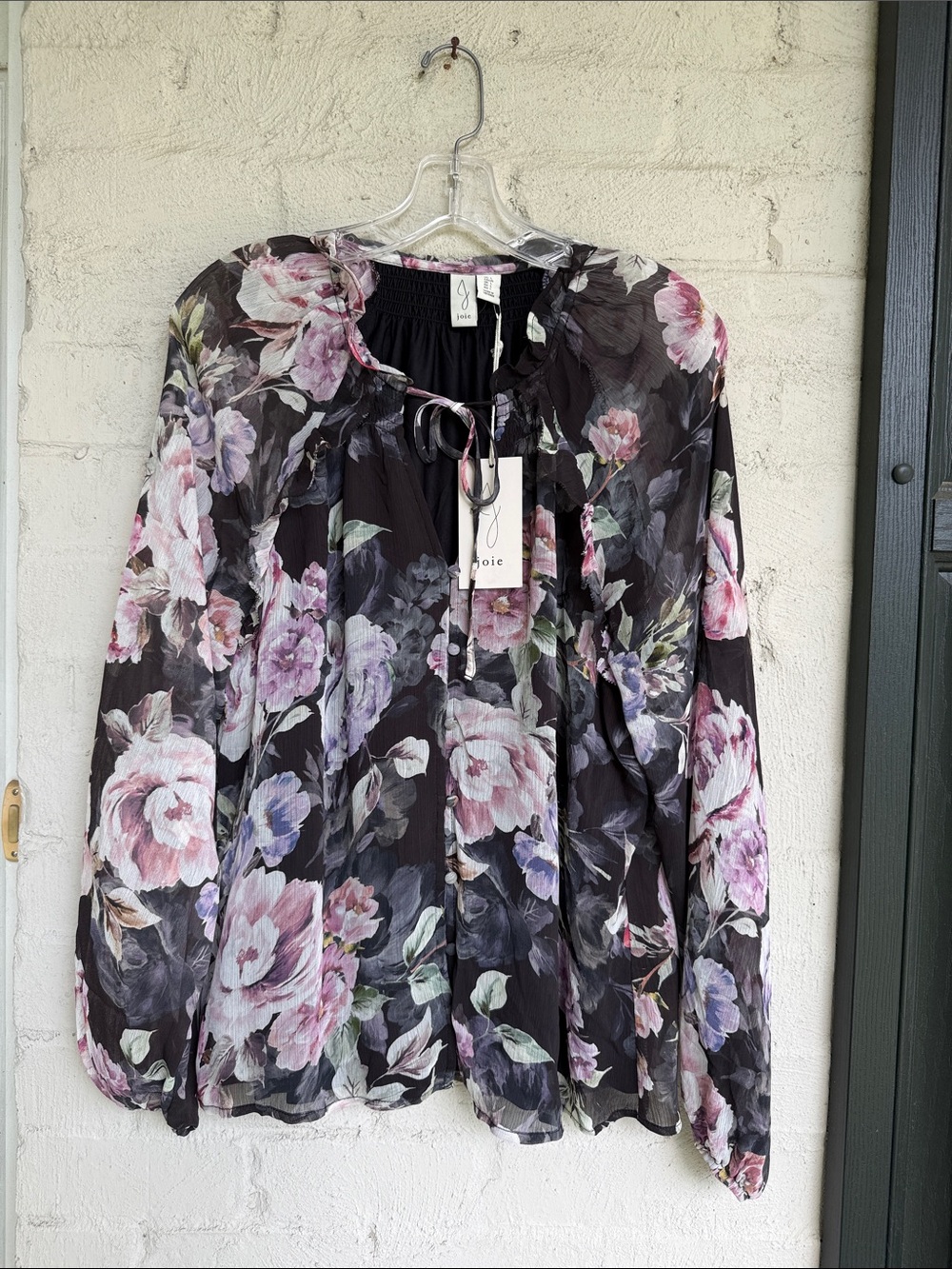 NWT Joie Black/Pink Floral Chiffon Blouse Size Large - Picture 4 of 14